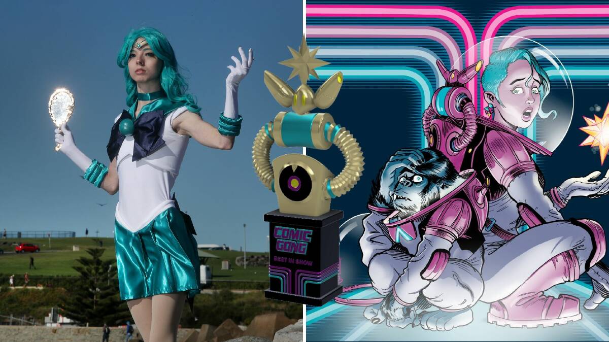 Left: Sian Webster from Illustris Models, Centre: The render of the trophy for the winners of the Cosplay Costume, Right: The official Comic Gong artwork the trophy is based on. Picture on left by Robert Peet, Render by Illustris Models, Picture on right supplied